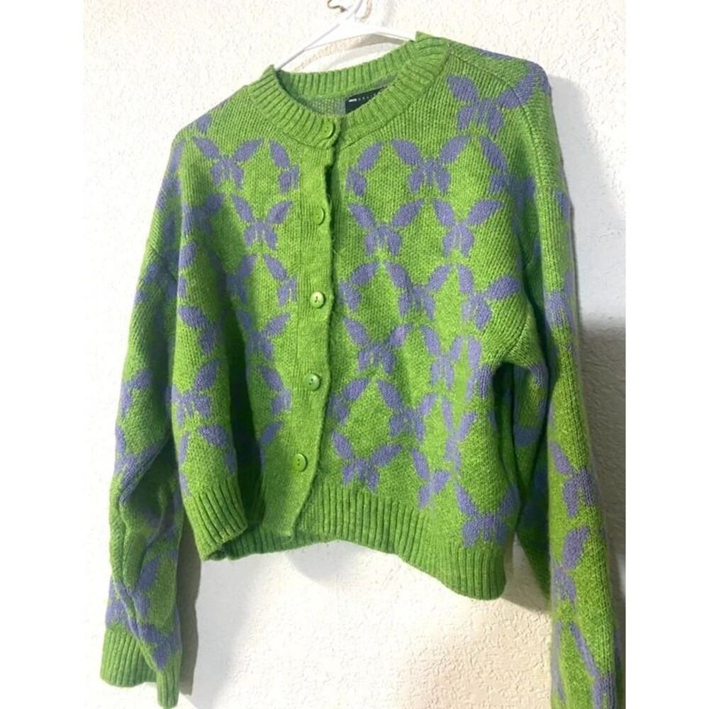 Asos green purple whimsy butterfly pattern crew neck cardigan sweater